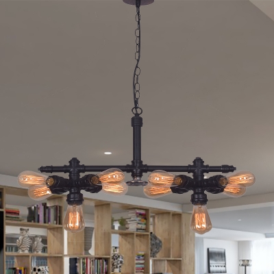10 Bulbs Iron Ceiling Chandelier Vintage Black Radial Pipe Living Room Suspended Pendant Light