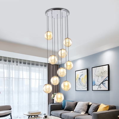 10 Heads Stair Drop Lamp Minimalism Chrome Multi Light Pendant with Sphere Amber Glass Shade