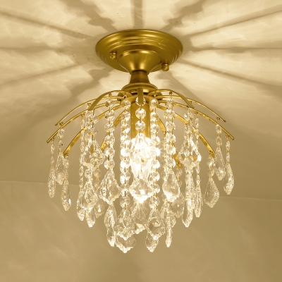 2 Droplets Corridor Semi Flush Mount Light Crystal Single Simple Ceiling Lighting Fixture in Gold