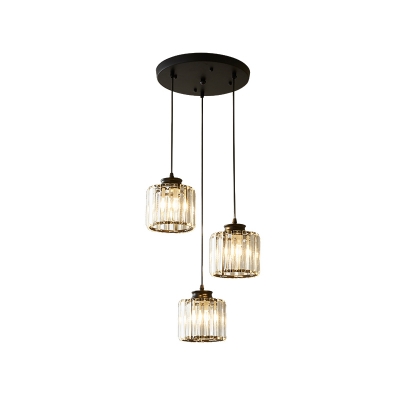 3 Heads Dining Room Cluster Pendant Light Modern Black Hanging Lamp with Drum Crystal Shade, Linear/Round Canopy