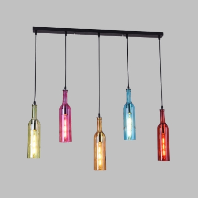 5 Bulbs Cluster Pendant Light Industrial Bottle Shaped Colorful Glass Ceiling Lamp in Black
