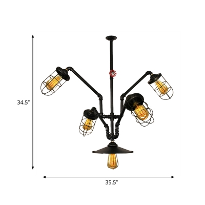 5 Bulbs Wire Cage Suspension Light Antiqued Black Iron Chandelier Lamp Fixture with Abstract Pipe Design
