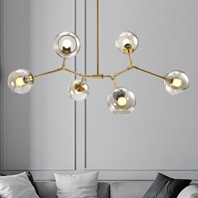 Amber Glass Global Hanging Light Kit Minimalist 6 Heads Chandelier in Brass with Linear Design for Living Room