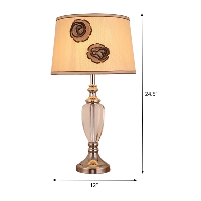 Beige Drum Table Light Modernism 1 Head Fabric Small Desk Lamp with Flower Pattern