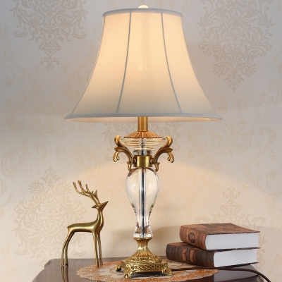Bell Fabric Desk Lamp Modern 1 Head White Table Light with Carved Brass Metal Base