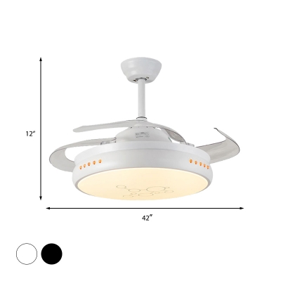 Black/White LED Ceiling Fan Lighting Modern Metal Drum 3-Blade Semi Flush Lamp Fixture over Dining Table, 42