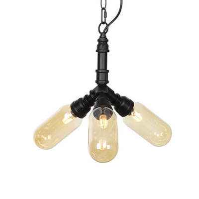 Capsule Bar Hanging Chandelier Vintage Amber Glass Shade 2/3/4 Bulbs Black Ceiling Pendant Lamp with Sputnik Pipe Design