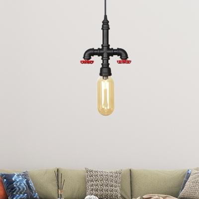 Clear/Amber Glass Black Hanging Lamp Capsule 1-Head Antiqued LED Pendant Light with Valve Deco