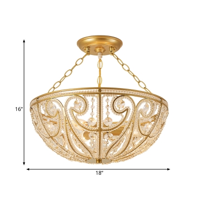 Crystal Basket Semi Flush Lamp Modernism 3-Light Golden Ceiling Light for Bedroom