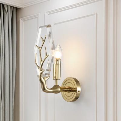 Crystal Hexagon Panel Wall Light Fixture Contemporary 1-Head Gold Wall Sconce Lamp with Antler Deco