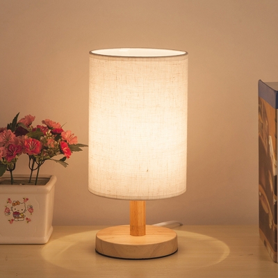 Cylindrical Nightstand Lamp Contemporary Fabric 1 Bulb Reading Book Light in Flaxen/Beige