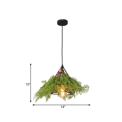 Diamond Restaurant Drop Lamp Industrial Metal 1 Head Green LED Hanging Light Fixture with Plant