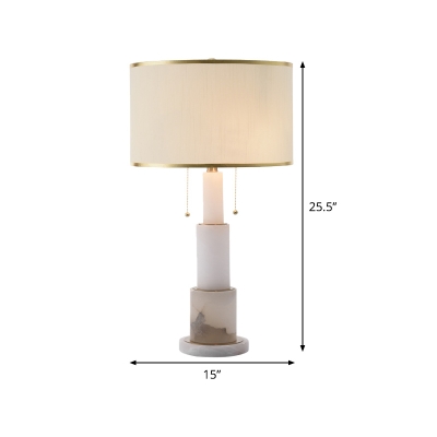 Fabric Cylinder Desk Light Modern 2 Heads Night Table Lamp in White with Pull Chain