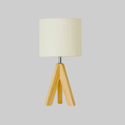Fabric Cylindrical Table Light Modern 1 Bulb White Small Desk Lamp with Wood Tripod