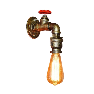 Farmhouse Piping Wall Lamp Fixture 1-Head Iron Sconce Lighting in Silver/Black/Rust with Red Valve Handle
