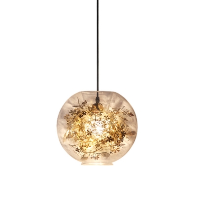 Globe Restaurant Ceiling Lighting Clear Glass 1-Head Modernist Hanging Pendant Lamp in Gold with Inner Shattered Leaves Detail