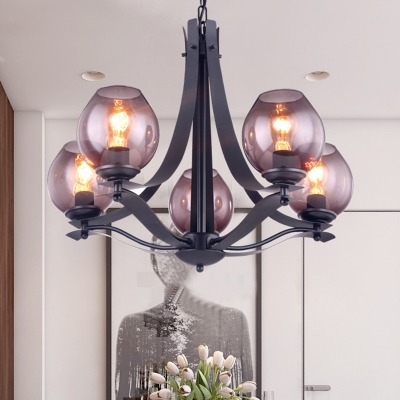 Grey Glass Bud Chandelier Pendant Lamp Modernism 5-Head LED Ceiling Hang Fixture with Metal Slim Panel Arm