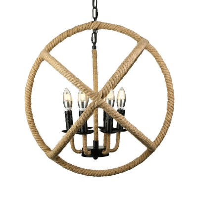 Industrial 6 Light Orb Chandelier Light with Hemp Rope for Front Door Farmhouse Kitchen