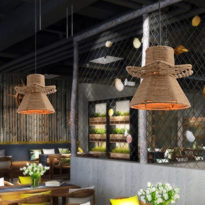 Industrial Urn Pendant Lighting 1 Light Rope Hanging Ceiling Lamp in Beige with Hand-Woven Design