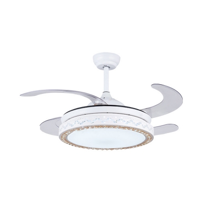 LED Pendant Fan Light Fixture Modernism Drum Metal Wall/Remote Control Semi Flush Lamp in White with 4 Clear Blades, 42