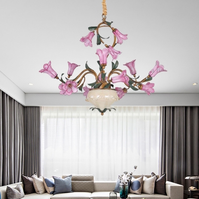Lily Metal Chandelier Light Pastoral 15 Bulbs Living Room LED Pendant Lighting Fixture in Brass