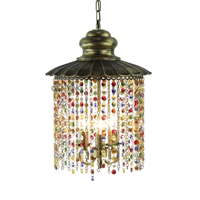 Metal Bronze Chandelier Lamp Flat 3 Heads Art Deco Hanging Ceiling Light with Crystal Teardrop