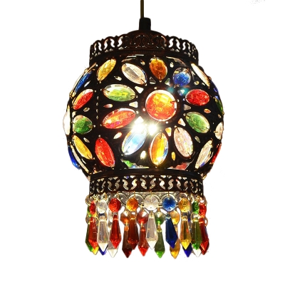 Metal Copper Pendant Lamp Lantern 1 Head Vintage Suspended Lighting Fixture with Crystal Bead