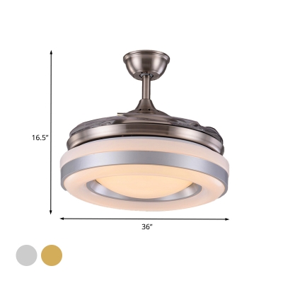 Metallic Ring 4 Blades Ceiling Fan Light Contemporary Living Room LED Semi Flush Lamp in Silver/Gold with Remote Control, 36