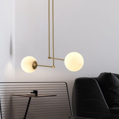 Modern 2 Lights Cluster Pendant Light with White Glass Shade Brass Sphere Hanging Lamp with Adjustable Node