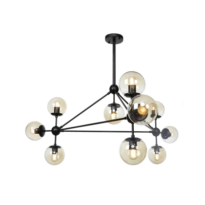 Modernist 10-Bulb Pendant Chandelier with Round Clear Glass Shade Black Triangle Frame Hanging Light Fixture