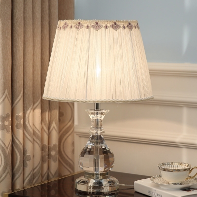 Modernist Gourd Fabric Task Lighting Beveled Crystal 1 Bulb Night Table Lamp in Beige