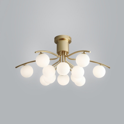 Modo Living Room Semi Flushmount Milky Glass 12-Light Simple LED Flush Ceiling Lamp in Brass
