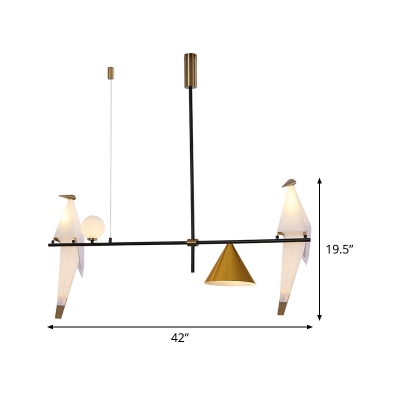 Paper Crane Shape Chandelier Contemporary Metallic 4 Lights Black Linear Suspension Lamp with Cone Shade