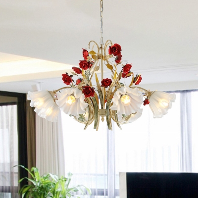 Scalloped Dining Room Pendant Chandelier Retro Metal 3/6/8 Bulbs Beige LED Ceiling Suspension Lamp with Rose Decor