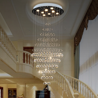 Silver Round Multi Light Pendant Modernist 8 Bulbs K9 Crystal LED Down Lighting for Stair