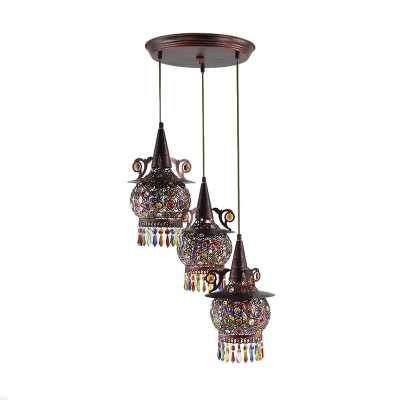Traditionary Lantern Ceiling Lamp Metal 3 Heads Cluster Pendant Light in Copper