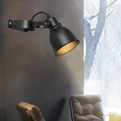 1-Head Adjustable Sconce Light Farmhouse Restaurant Wall Mount Lamp with Dome Iron Shade in Black