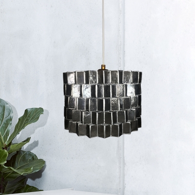 1-Light Bedroom Ceiling Lighting Contemporary Black Hanging Pendant with Sldined Drum Shell Shade