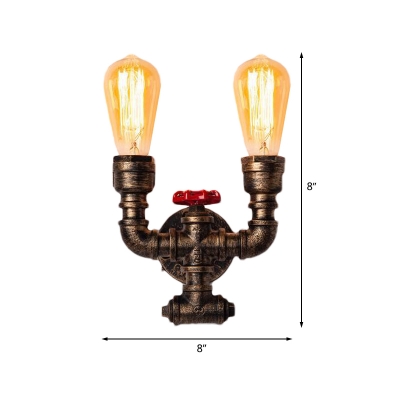 2 Heads Metal Sconce Lighting Vintage Brass Piping Hallway Wall Mounted Lamp with Valve Deco