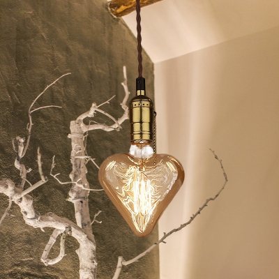 Amber Glass Heart Shaped Pendant Lamp Vintage 1-Head Restaurant Ceiling Hang Fixture