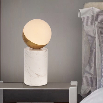 Ball Bedroom Task Lamp White Glass 1 Head Modernism Desk Light with Cylinder Marble Base