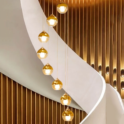 Ball Multi Light Pendant Modernism Amber Glass 8 Bulbs Gold LED Ceiling Lamp for Stair