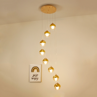 Ball Multi Light Pendant Modernism Amber Glass 8 Bulbs Gold LED Ceiling Lamp for Stair