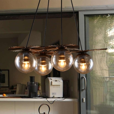 Black 4 Lights Pendant Light Antiqued Amber Glass Ball Ceiling Chandelier with Sputnik Slim Iron Bar Deco