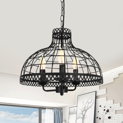 Bowl Living Room Chandelier with Adjustable Chain Metal 3 Lights Antique Pendant Lamp in Black