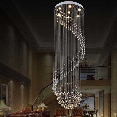 Clear Crystal Swirling Cluster Pendant Modern 7 Lights LED Drop Lamp in Silver for Living Room
