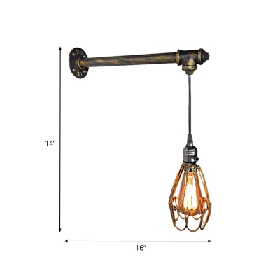 Cone Cage Iron Wall-Mount Lamp Vintage 1-Light Restaurant Wall Sconce Light in Brass with Pipe Arm