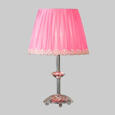 Conical Desk Light Modernism Fabric 1 Head Pink Night Table Lamp with Crystal Base
