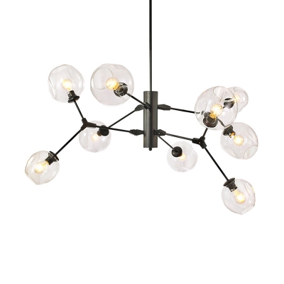 Contemporary Ball Hanging Light Kit Clear Dimpled Glass 9 Bulbs Living Room Chandelier in Black with Branch Design