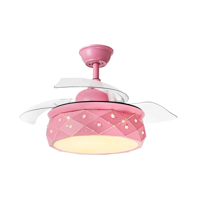 Contemporary LED Semi Flush Light Fixture with Acrylic Shade Pink/Blue Drum 3 Blades Pendant Fan Lamp with Remote/Wall and Remote Control, 42